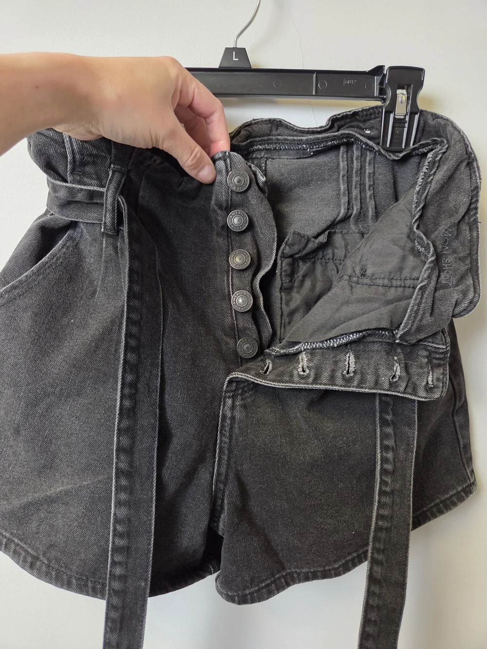 American Eagle Outfitters High-Waist Black Denim Paperbag Shorts with Tie Belt